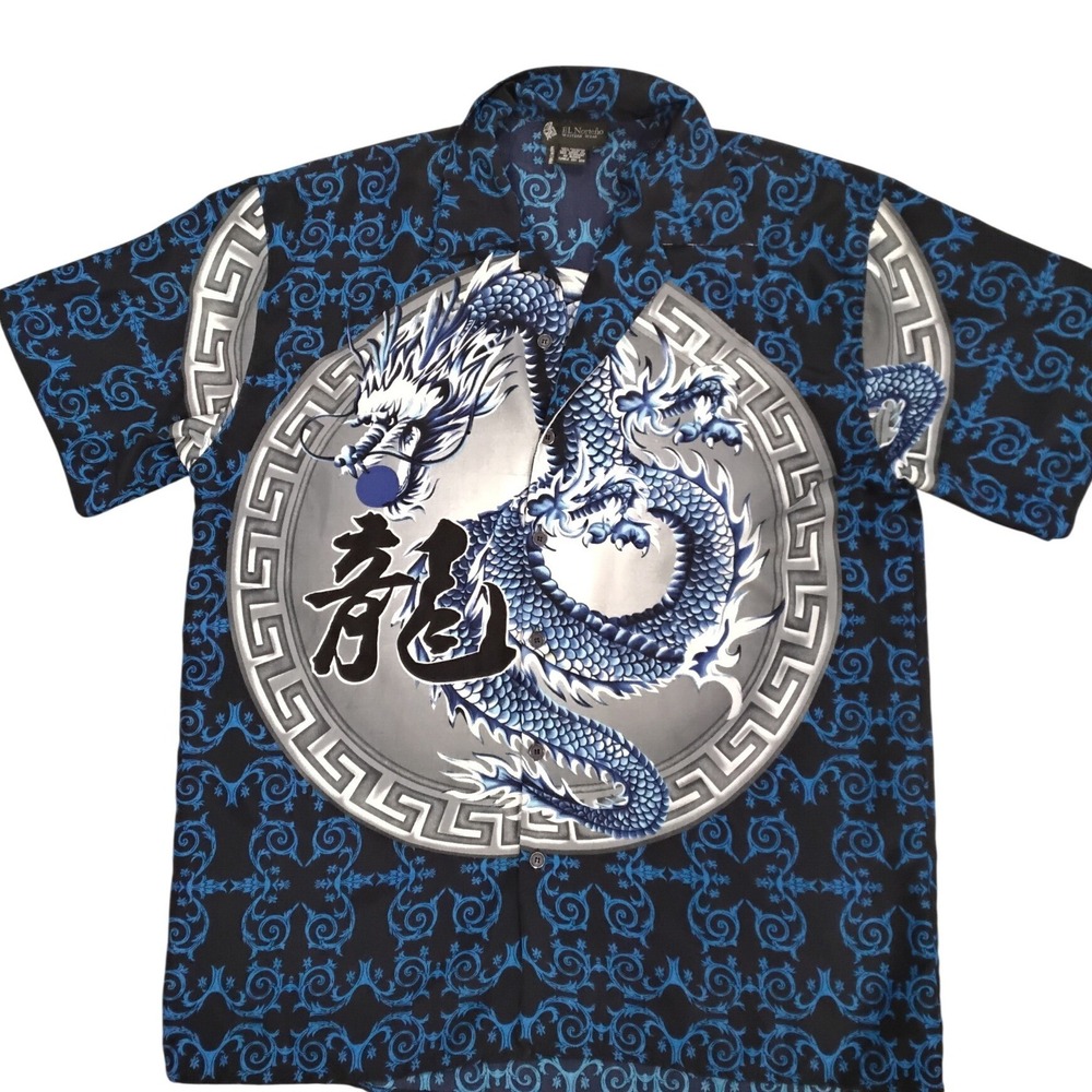 El‎ Norteno Mens Dragon Graphic Shirt Blue Black Baroque Short Sleeve Large Y2K